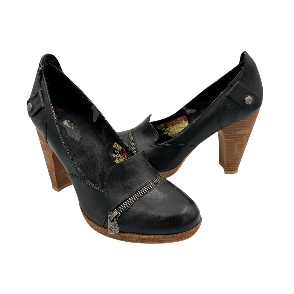 London Underground Black Leather Detailed Zipper Chunky Block Heel Trendy Pumps